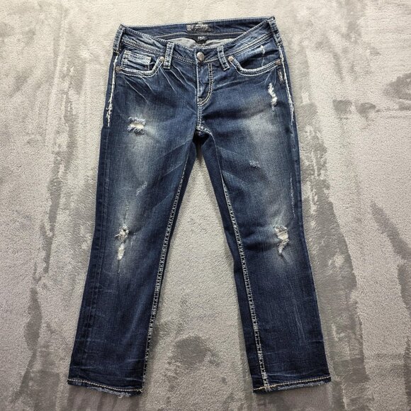 Silver Jeans Co Jeans Womens 28 Blue Aiko Mid Capri Distressed Embroidered Denim - Picture 1 of 11